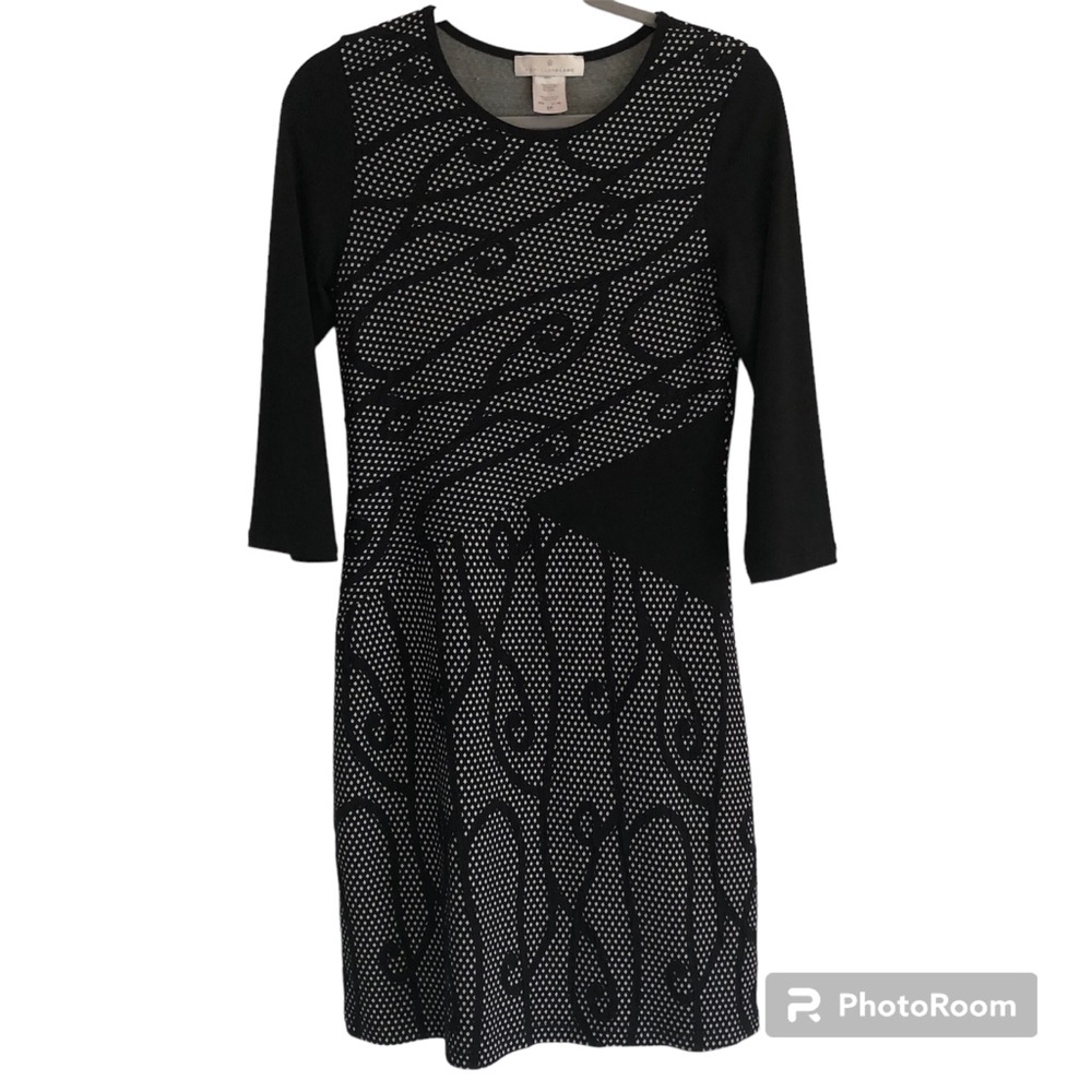 PAPILLION BLANC Black and white knit dress. Geometric design, 3/4 sleeve,classic